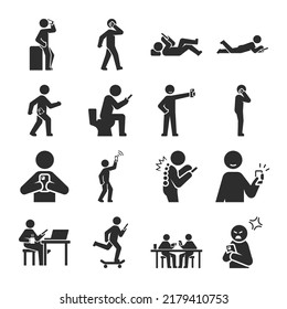 Use a smartphone, using phone, people icons set. Talking, playing games on mobile phones, different postures.. Vector black and white icon, isolated illustration