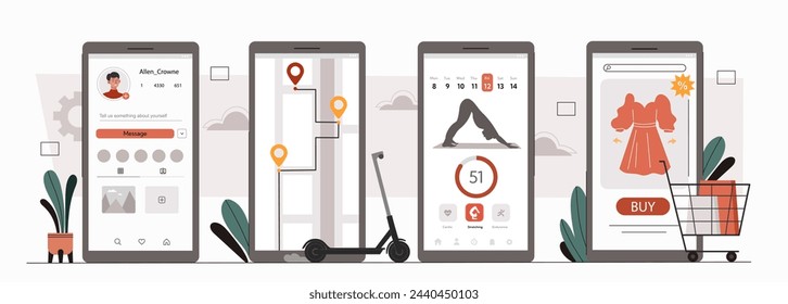 Use smartphones concept. Moboile application for active lifestyle and sports. Electronic shopping and commerce. Online store, map with route and social networks. Cartoon flat vector illustration