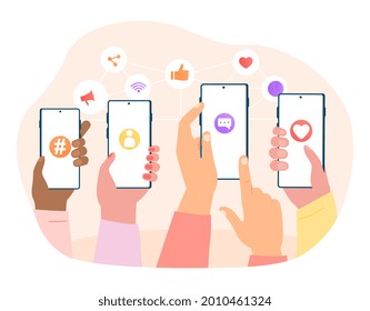 Use smartphones concept. Young people surfing in social media. Comment, write, rate. Female and male characters talking in mobile app. Cartoon flat vector illustration isolated on a white background