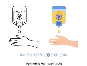 Use soap antibacterial, antiviral sanitizer wall, preventive cartoon line set. Hand washing, disinfection, sanitary hygiene. Stop Coronavirus. Antiseptic gel collection. Healthcare vector illustration