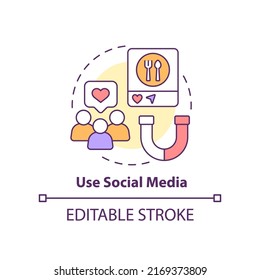 Use social media concept icon. Attract customers to restaurant abstract idea thin line illustration. Promotional tool. Isolated outline drawing. Editable stroke. Arial, Myriad Pro-Bold fonts used