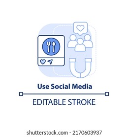 Use social media light blue concept icon. Attract customers to restaurant abstract idea thin line illustration. Isolated outline drawing. Editable stroke. Arial, Myriad Pro-Bold fonts used