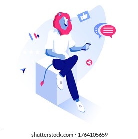 The use of social networks background. Modern illustration slider site page. Concept of using social networks for communication vector image design. Web banner working with social networks.