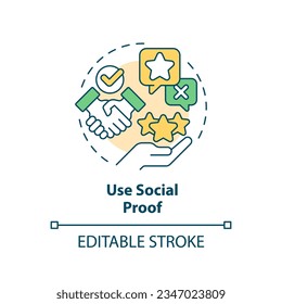 Usar un icono de concepto multicolor a prueba social. Historia de éxito. Resultado positivo. Comentarios de los clientes. Negociación de ventas. Construir confianza. Ilustración de línea de forma redonda. Idea abstracta. Diseño gráfico. Fácil de usar