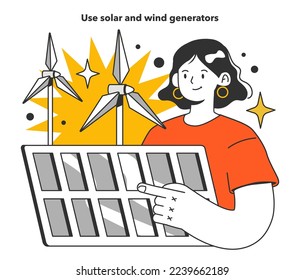 Use solar and wind generators in emergency situation. Energy crisis, how to live in conditions of limited energy resources. Electricity, heating and gas turning off. Flat vector illustration