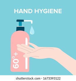 Use spraying alcohol gel or antibacterial soap sanitizer to clean hand. Vector Illustration
