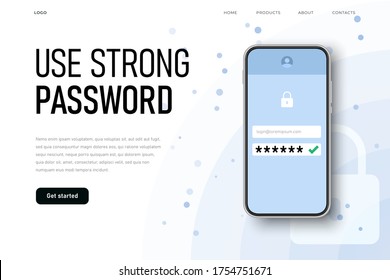 Use strong password reminder with realistic phone and password icon.