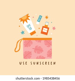 Use sunscreen. Sun protection routine. Lotion, lip balm and cream. Vector illustration.