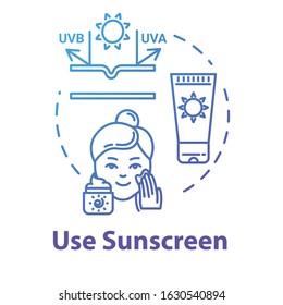 Use sunscreen, UVB and UVA, sunblock cream and lotion concept icon. Skin care, sun protection cosmetics idea thin line illustration. Vector isolated outline RGB color drawing. Editable stroke