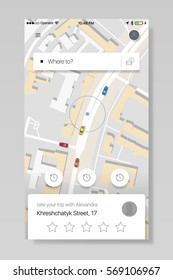 The use of taxi phone on a map and assessment of driver. Vector illustration. Application mobile app.