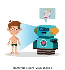 use of technology to diagnose disease in children. Robot diagnosing disease symptoms, health technology. vector illustration.