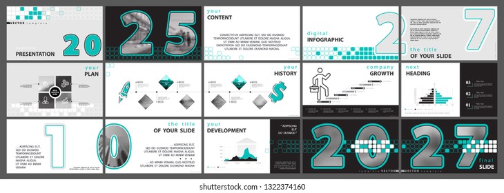 Use in a template for business presentations. Figures 2025, pixels, icon, green, black elements on a white background.Multipurpose slide monitor, flyer corporate report, advertising,marketing, banner