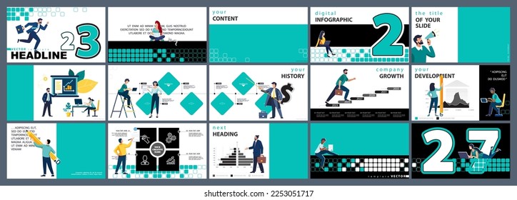 Use in a template for business presentations. Figures 2023, pixels, icon, green, black elements on a white background.Multipurpose slide monitor, flyer corporate report, advertising, marketing, banner