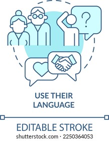 Use their language turquoise concept icon. Contact. Support LGBTQ seniors abstract idea thin line illustration. Isolated outline drawing. Editable stroke. Arial, Myriad Pro-Bold fonts used