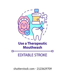 Use therapeutic mouthwash concept icon. Periodontitis prevention abstract idea thin line illustration. Reducing bacteria. Isolated outline drawing. Editable stroke. Arial, Myriad Pro-Bold fonts used