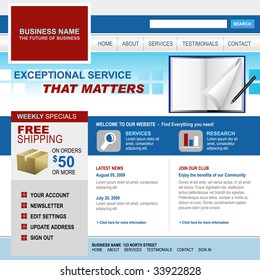 Use This Website Template For Your Business. The Template Uses A Maroon, Blue And Gray Color Scheme. There Is An Open Magazine Book With A Pen In The Header.