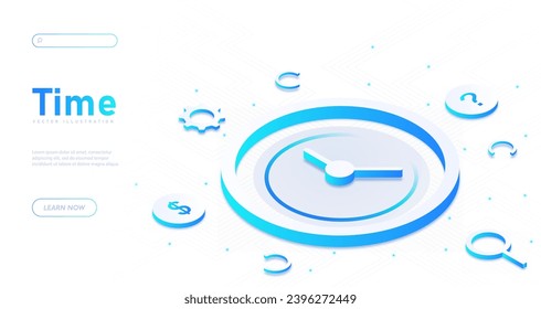 Use of time white poster. Large clocks near magnifying glass. Time management and planning. Landing page design. Cartoon isometric vector illustration isolated on white background