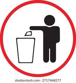 Mülleimer-Hinweisschild mit Person verwenden, die Müll auf weißem Hintergrund wirft - Richtiges Abfallentsorgungssymbol, Sauberkeit und Umweltbewusstsein Beschriftung, Hygieneanleitung im öffentlichen Bereich, Litter Control und Recycling Guidance Icon für Einrichtungen und städtische Räume.