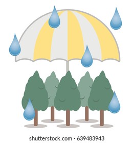 Use umbrella for trees at rainy day (it polished natural cycle). Vector illustration.