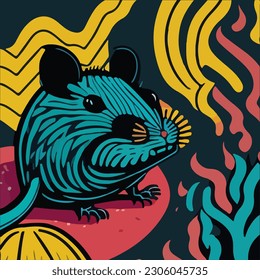 Use a vibrant color palette to create a delightful pop art rendition of a cute rat, with playful patterns and dynamic lines to highlight its adorable nature
