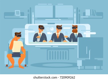 The use of a virtual reality device in everyday life. The work of the future, using virtual reality glasses, can be done in a virtual office