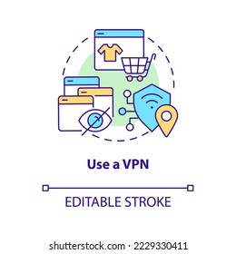 Use VPN concept icon. Safe online activities. Virtual private network. Encryption abstract idea thin line illustration. Isolated outline drawing. Editable stroke. Arial, Myriad Pro-Bold fonts used