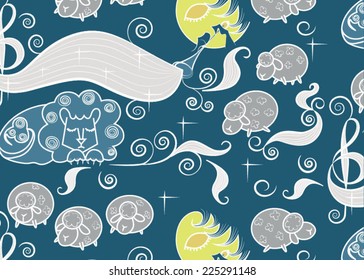   Use for wallpaper, pattern fills, web page background,surface textures. Seamless vector pattern with images cute sheep on background night sky with moon and wish good night 