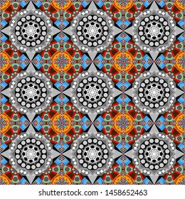 Use for wallpaper, print packaging paper, textiles. Seamless background Eastern style gray, blue and brown. Arabic Pattern. Vector illustration. Elements of flowers and leaves. Mandala ornament.