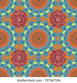 Use for wallpaper, print packaging paper, textiles. Seamless background Eastern style blue, orange and pink. Arabic Pattern. Vector illustration. Mandala ornament. Elements of flowers and leaves.