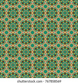 Use for wallpaper, print packaging paper, textiles. Arabic Pattern. Mandala ornament. Vector illustration. Seamless background Eastern style yellow, green and beige. Elements of flowers and leaves.