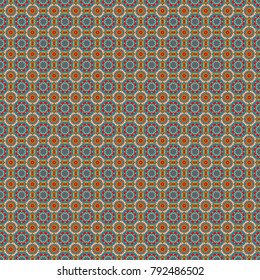 Use for wallpaper, print packaging paper, textiles. Elements of flowers and leaves. Mandala ornament. Arabic Pattern. Seamless background Eastern style orange, blue and pink. Vector illustration.