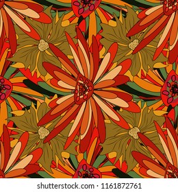 Use for wallpaper, printing on the packaging paper, textiles. Seamless floral pattern. Vintage vector ornament in brown, orange and red tones.