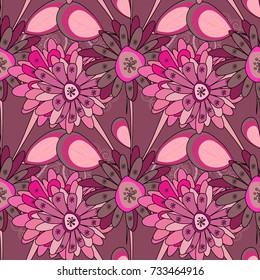 Use for wallpaper, printing on the packaging paper, textiles. Seamless floral pattern. Vintage vector ornament in purple, black and pink tones.