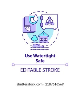 Use watertight safe concept icon. Flood safety measure abstract idea thin line illustration. Water-resistant technology. Isolated outline drawing. Editable stroke. Arial, Myriad Pro-Bold fonts used