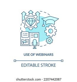 Use of webinars turquoise concept icon. Online event. Sales prospecting technique abstract idea thin line illustration. Isolated outline drawing. Editable stroke. Arial, Myriad Pro-Bold fonts used