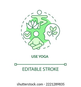 Use yoga at workplace green concept icon. Work breaks. Physical activities abstract idea thin line illustration. Isolated outline drawing. Editable stroke. Arial, Myriad Pro-Bold fonts used