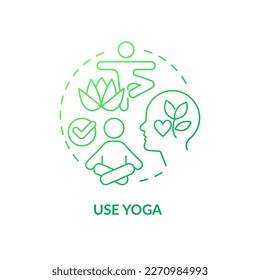 Use yoga at workplace green gradient concept icon. Time off. Physical activities and meditation. Self care abstract idea thin line illustration. Isolated outline drawing. Myriad Pro-Bold font used