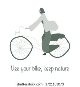 Use your bike, keep nature. Modern girl on a bicycle