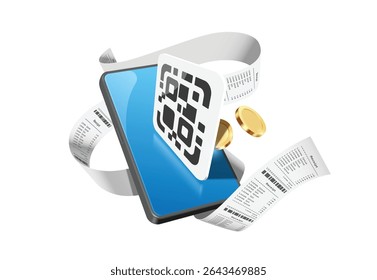 Use your smartphone to scan and pay or purchase online via QR code and a paper receipt or invoice will come out, vector 3d illustration isolated for online shopping, banking advertising design