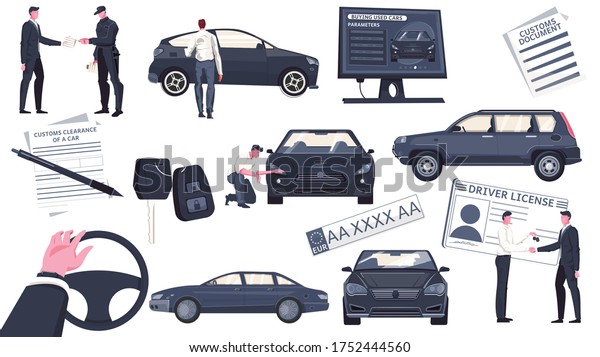 Used auto sale\
set of isolated icons and flat images of automobiles with people\
and paperwork vector\
illustration