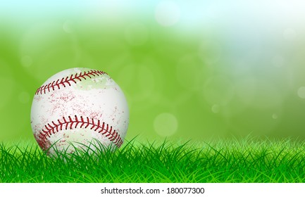 Used baseball sitting on lush grass in front of a soft background