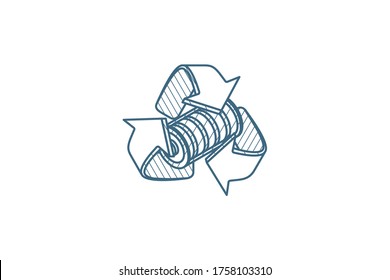 Used batteries with green recycling symbol isometric icon. 3d vector illustration. Isolated line art technical drawing. Editable stroke