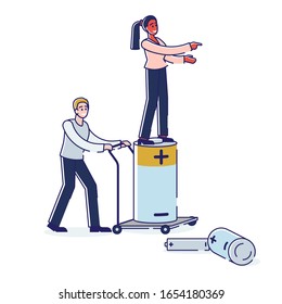 Used Batteries Recycling Concept. Cartoon Tiny Man And Woman Collecting Used Batteries To Throw It Into Garbage Container. Practicing Of Sorting Waste. Cartoon Linear Outline Flat Vector illustration