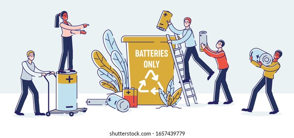 Used Batteries Recycling Concept. Tiny People Practise Waste Sorting, People throw Used Batteries Into Garbage Container. People Engaged in Cleaning Environment. Cartoon Linear Outline Vector illustration