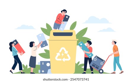 Reciclaje de baterías usadas. Pequeños personajes planos que clasifican y lanzan la batería en un recipiente de plástico especial. Guardar Ecología estilo de vida, ambiente reciente escena de Vector