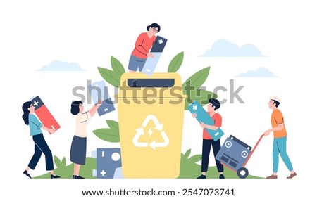 Used batteries recycling. Flat tiny characters sorting and throw battery in special plastic container. Ecology lifestyle, save environment recent vector scene