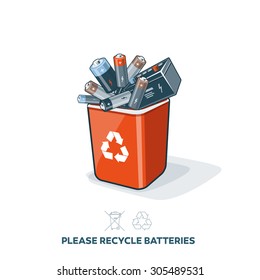 Used batteries in red recycling trash bin in cartoon style. E-waste separation management concept.