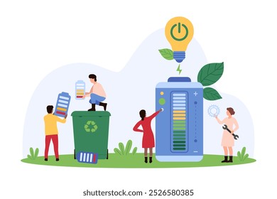 Reciclaje de baterías usadas para la protección del medio ambiente. La gente diminuta lanza acumuladores y baterías de aparatos eléctricos en el contenedor de basura con la Ilustración vectorial de dibujos animados de letreros de reciclaje