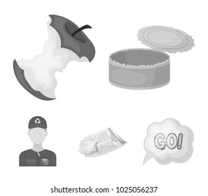 Used can, apple stub, old dirty and wrinkled newspaper, garbageman. Garbage and trash set collection icons in monochrome style vector symbol stock illustration web.