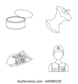 Used can, apple stub, old dirty and wrinkled newspaper, the man who takes out the garbage.Garbage and trash set collection icons in outline style vector symbol stock illustration web.